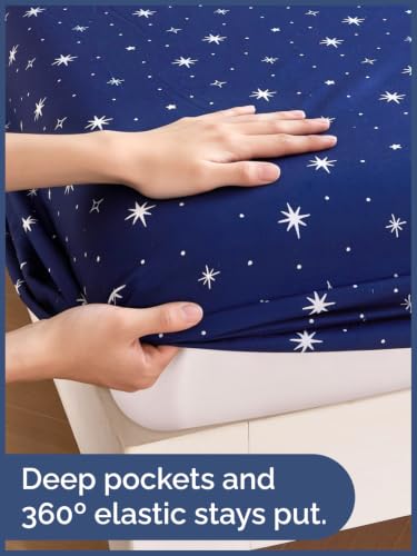 Image of Kids Queen Size Starry Bed Sheets - 4 Piece Kids Starry Sheet Set - Celestial Night Bedding - Ultra-Soft, Cute & Cozy - Breathable & Machine Washable - Navy Bed Set for Boys, Girls, Teens & Toddlers