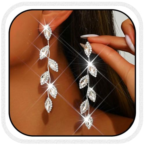 Catery Crystal Wedding Earrings Rhinestones Dangling Earrings Leaf Bridal Ear Jewelry for Brides and Women