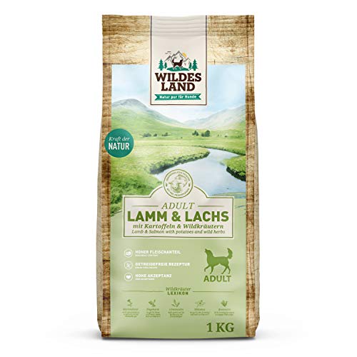 Wildes Land - Nr. 7 Lamm & Lachs - 1 kg - mit Kartoffeln und Wildkräutern - Glutenfrei - Trockenfutter für Hunde - Hundefutter mit hohem Fleischanteil - Hohe Verträglichkeit