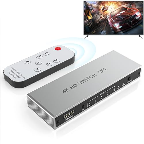 Commutateur HDMI 4K 5 entrées 1 Sortie, répartiteur HDMI 4K à 60 Hz avec télécommande,...