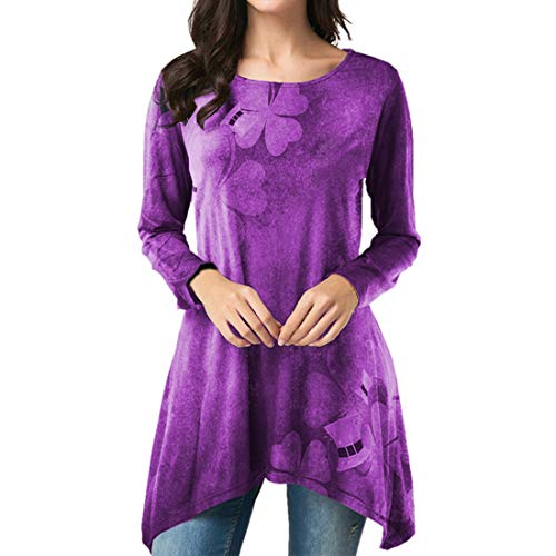 Preisvergleich Produktbild Shirt Damen Elegant Langarm Rundhals Blumendruck Locker Asymmetrisch Langer Sweatshirt Bequemes Leichtes Atmungsaktives T Shirt Top Herbst Winter Neu Casual Stretch Sport Hemd XL