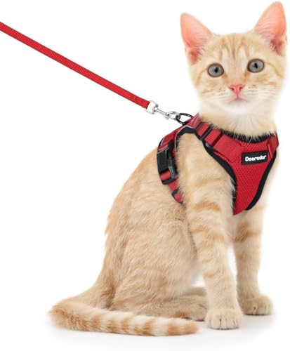 Image of Dooradar Cat Harness and Leash Set, Escape Proof Safe Adjustable Kitten Vest Harnesses for Walking, Easy Control Soft Breathable Mesh Jacket with Reflective Strips for Cats, Red, S