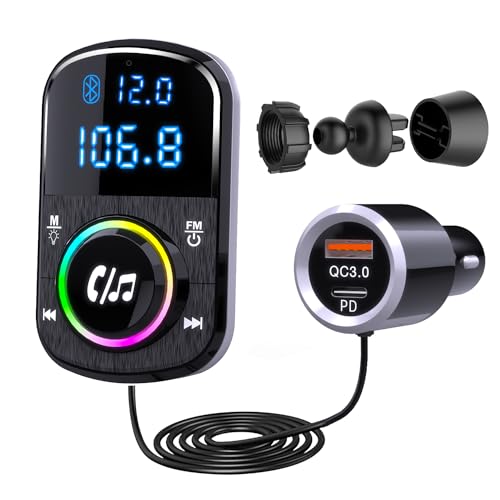 GizmoVine Transmisor FM Bluetooth Coche, Manos Libres Inalámbrico Reproductor Musica MP3 Coche, Adaptador Mechero de Radio con QC3.0 & USB C Carga Rápida, Soporte SD Port, Cable de 1,1 Metros