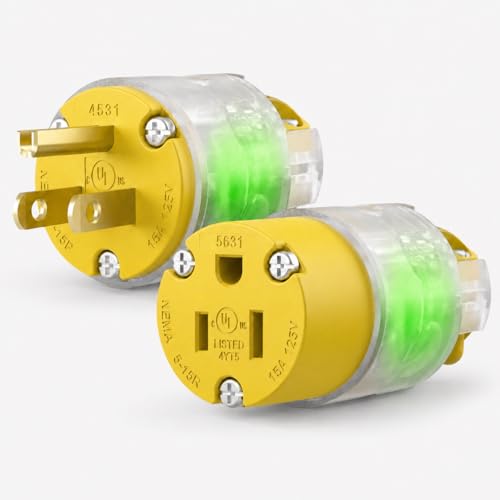 EPLESFTON 1 Set Lighted Extension Cord Ends Replacement Plug 3 Prong 15A 125V NEMA 5-15P*NEMA 5-15R Electrical Replacement Plug Male and Female Extension Cord Ends 15 Amp Plug UL Listed Yellow