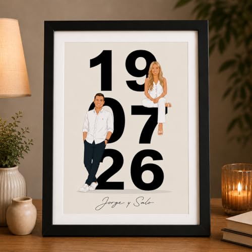 Image of Personalized Couple Date Frame Custom Anniversary Year Print with Cartoon Couple Design Romantic Gift for Boyfriend Girlfriend Husband Wife Modern Wall & Table Decor