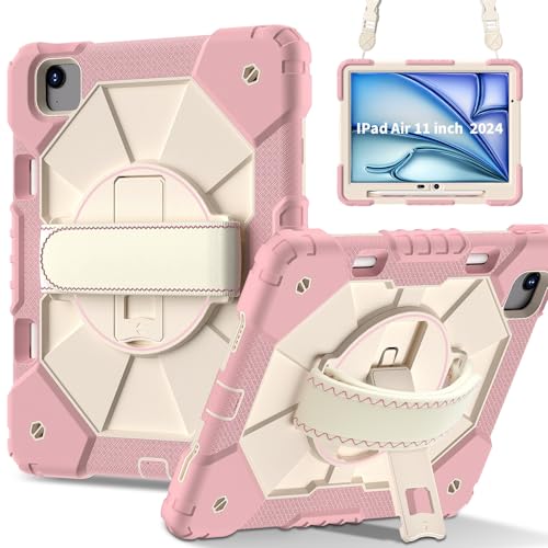Coque iPad Air 11 M2 2024 rose antichoc avec support rotatif et sangle