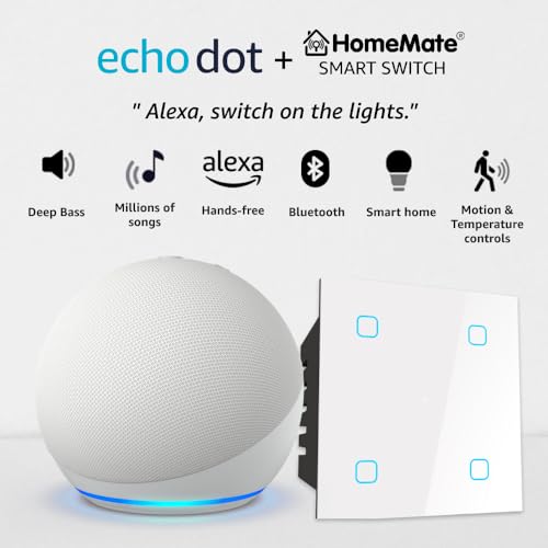 Image of Amazon Echo Dot (5th Gen, White) Combo with HomeMate Wi-Fi Smart 4 Gang Touch Switch (White)