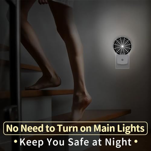 Image of Black Spider Web Plug-in Led Night Light with Auto Dusk to Dawn Sensor for Boys Girls Room Decor, Wall Lamp Nightlights for Hallway,Bedroom, Kids Room, Kitchen, Stairway, (0.5W, 2 Pack)