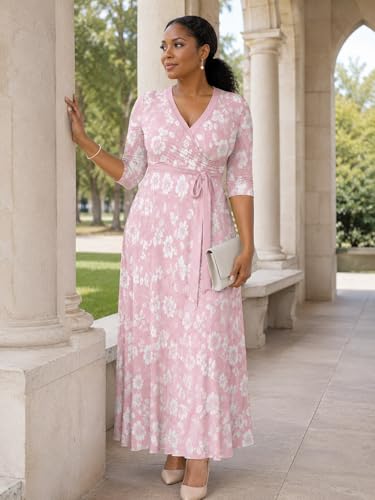 Image of PinkPatty Plus Size Maxi Dresses for Women Casual Flowy Long Dress 3 /4 Sleeve V Neck Wrap Dress with Belt