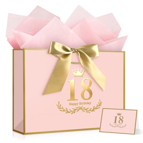 Image of JMANNI Pink Gold 18th Birthday Gift Bag with Card and Tissue Paper, 12.6 inchx8.66 inchx3.9 inch Elegant Present Bag for Adults, 18 Year Old Birthday Keepsake Party Supplies