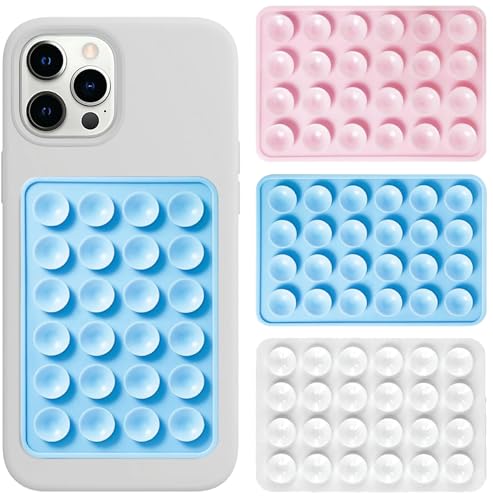 Image of THYNOX Phone Holder Suction Phone Case (Pack of 3) Anti-Slip Silicone Back Cover, Multipurpose Hands-Free Sticky Pads for Phone Adhesive Mount for Selfies Videos Mirror (Lt. Blue, Lt. Pink, White)