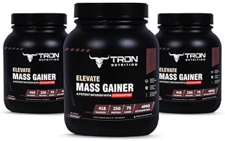 Elevate Mass Gainer Protein Powder with Astaxanthin | Chocolate Flavor | 25g Protein 75g Carbs 418 Calories per Serving | Gluten Free No Added Sugar, 907g Each (Pack of 3)