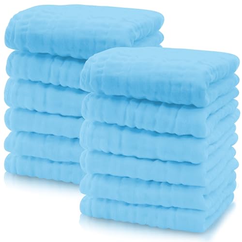 Image of Cute Castle 12 Pack Muslin Baby Washcloths - Large 12'' by 12'' - Ultra Soft 100% Cotton - Super Absorbent Burp Cloths for Unisex, Boy, Girl -Aquamarine