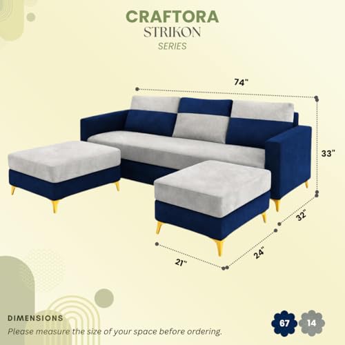 Image of Strikex Dual Tone Plush 5 Seater L Shape Sofa Set with 2 Movable Ottomans| Flexible Layout | Silken Velvet Suede| Golden Metal Legs|for Living Rooms & Office (Dark Blue & Light Grey)