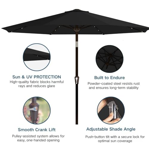 Image of 9' Solar LED Patio Umbrella with Tilt & Crank|8 Sturdy Ribs,UV Protection,Outdoor Market Table Umbrella for Deck,Lawn,Pool,Backyard(Black)