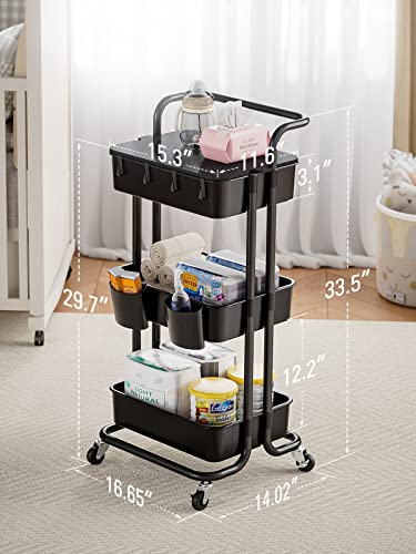 Pipishell 3 Tier Rolling Cart With Table Top, Utility Cart With Wheels, 2 Hanging Cups & 4 Hooks, Rolling Storage Cart For Home Storage And Organization, Black, Piuc09B #TOP4