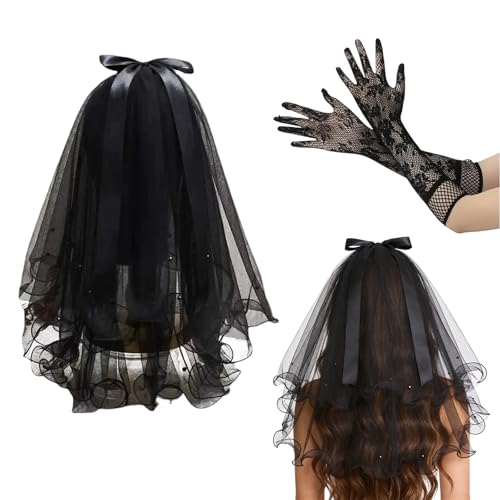 Kurzer schwarzer Hochzeitsschleier 2 stöckig Gothic-Brautschleier mit Kamm und Kunstperlen Schleier Braut mit schwarze Spitzenhandschuhe für Hochzeitsbräute Dusche Bachelorette Halloween Party