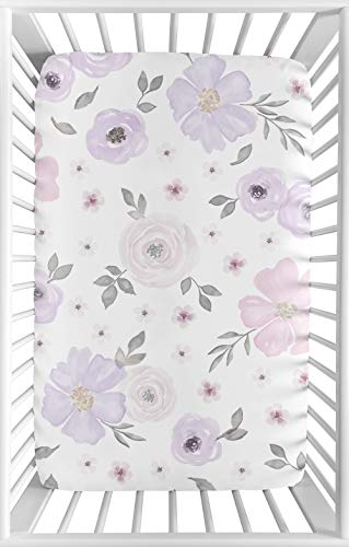 Image of Sweet Jojo Designs Lavender Purple, Pink, Grey and White Baby Girl Fitted Mini Portable Crib Sheet for Watercolor Floral Collection - Rose Flower - for Mini Crib or Pack and Play ONLY