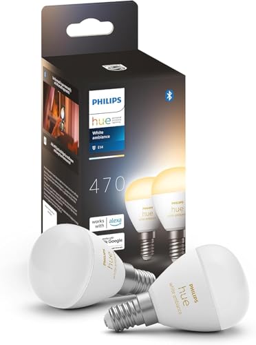 Philips Hue White ambiance, ampoule LED connectée sphérique compatible Bluetooth, E14, fonctionne avec Alexa, Google Assistant et Apple Homekit, lot de 2