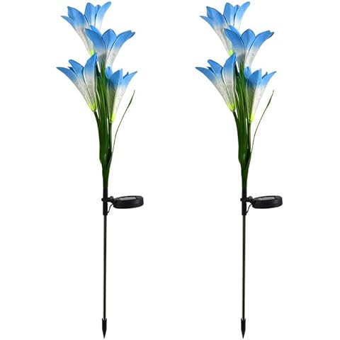 Aolyty Solar Lily Lights, 2 Packs LED Waterproof Flower Lights Lily Stake Lamp Outdoor Artificial Ornaments Night Light Decoration Light for Patio Yard Party (White Light, Blue) Cover