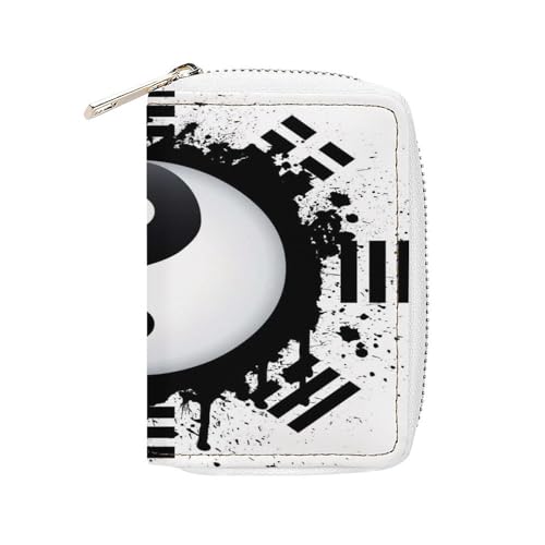 Women Leather Coin wallet, Key Change Organizer Zipper Card Holder Purse Clutch Pouch Pocket 4.5x3.15 in Print Yin Yang Circular on White