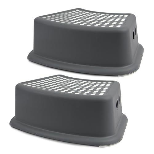 TIENDA EURASIA – Taburete Infantil | Pack de 2 Uds | Soporte Máximo 150 Kg | Medidas 37x25.5x13 cm | Material PP + PTR | Resistente con Base Antideslizante | 1 Peldaño | Taburete de Bebé (Gris)