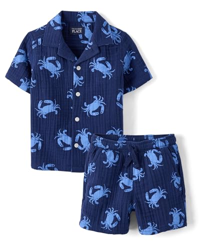 Image of The Children's Place Baby Boys' And Toddler Gauze Short Sleeve Shirt and Shorts, 2 Piece Outfit