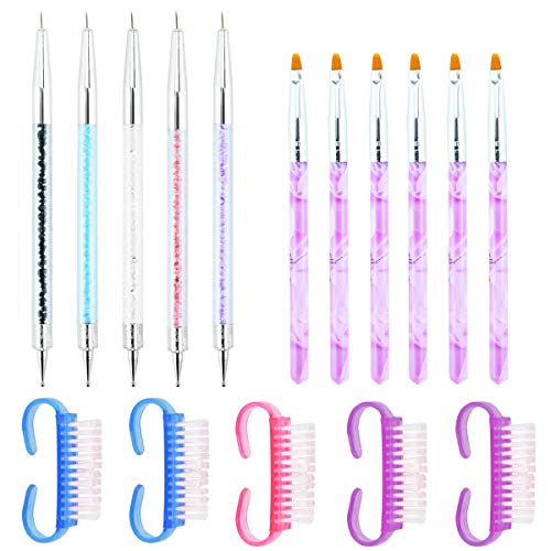 Heatoe 17PCS Professional Nail Brush set, including 7Pcs Acrylic Uv GelNail Art Tips Builder Brush, 5 Pcs Nail Art Design Liner Brushes and 5Pcs Handle Grip Nail Brushes