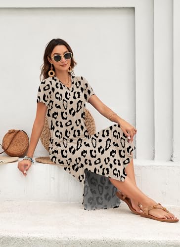 Image of MISFAY Womens Maxi Dress Short Sleeve V Neck Loose with Pockets | Soft stretchy breathable, v neck loose fit, side split hem, two side pockets, casual daily beach vacation travel dress