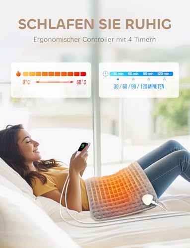 UOHHBOE 75W Heizkissen 60 x 30 cm 9 Temperaturstufen und 4 Timing Funktionwith Wärmedecke Abschaltautomatik Überhitzungsschutz Maschinenwasche,mit Geeignet für Nacken, Schultern Bauch, Oberschenkel