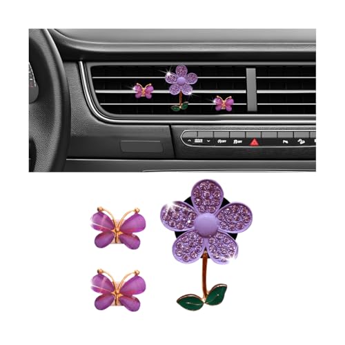 Image of 3PCS Bling Car Air Vent Clips, Butterfly Flower Rhinestone Vehicle Conditioning Outlet Clamps, Diamond Vent Clip Charm Decoration for Women Girls, Universal Automotive Accessories (Purple)