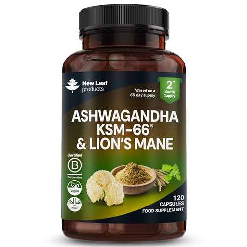 Ashwagandha KSM-66 and Lions Mane Capsules - High Strength 2000mg KSM-66 Ashwaghandha Root Extract and Lions Mane Mushroom Extract - 120 Vegan Capsules with Black Pepper - UK Made by New Leaf