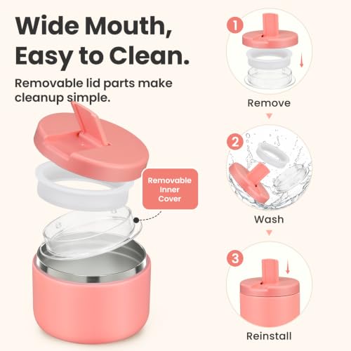 Image of Pawtong 12oz Insulated Vacuum Food Jar with Buckle Lid Wide Mouth Soup Thermo for Hot Food Kids Leakproof Stainless Steel Lunch Container- Pink- 1Pack