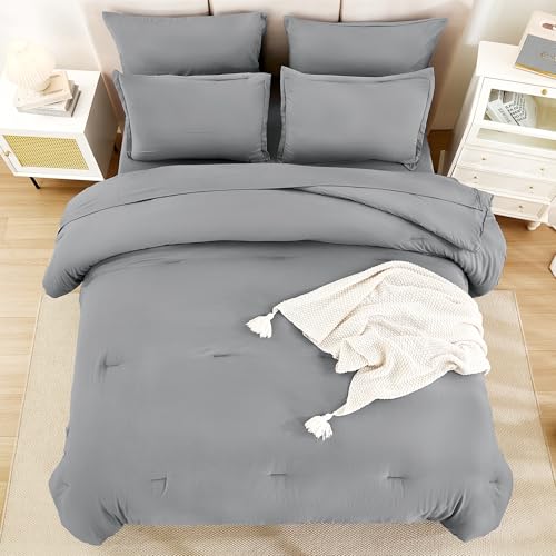Litanika King Size Comforter Set Medium Gray - 7 Pieces Bed in a Bag King Bedding Comforter Sets, Solid Lightweight Bed Set with Comforter, Sheets, Pillowcases & Shams