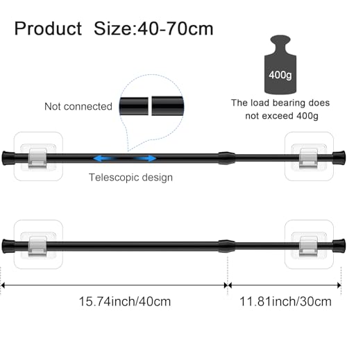 Patelai 4 Pieces Spring Tension Curtain Rod Black Adjustable Extendable Tension Rod with Self Adhesive Hook Rods for Windows 15.7 to 27.5 Inch, Closet, Wardrobe, Bookshelf