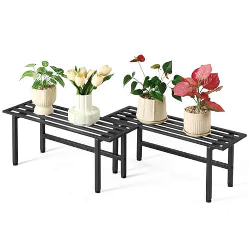 Dipion 2 Pack Metal Plant Stand Outdoor Plant Shelf Indoor 1 Tier Heavy Duty Plant Stands for Multiple Plants 26 L x 10.12 H x 8.75 W Black