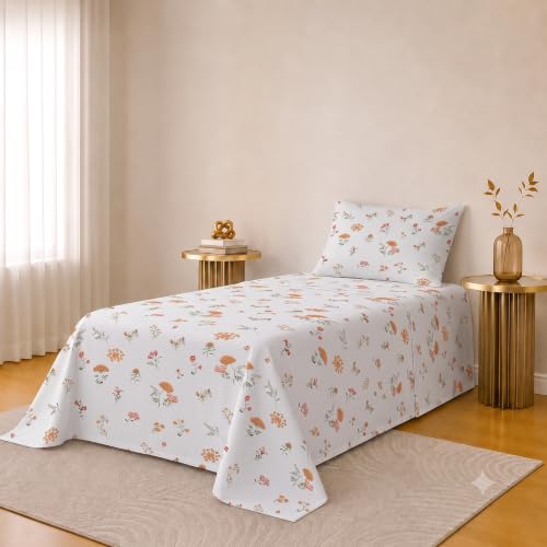 Image of IVAZA 220 TC Soft Ezyption Cotton Floral Single Bed Sheet - Single bedsheet with 1 Pillow Cover Hypoallergenic, Brethable, (Size- 90 x 60 Inch White Rust