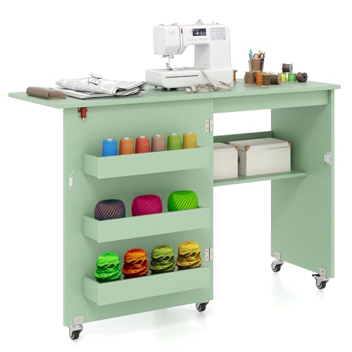 COSTWAY Table de Couture Pliante à roulettes, Armoire pour Machine à Coudre Roulante avec Étagère de Rangement, 3 Bacs Cachés, Meuble Couture pour Salon, Bureau, Studio (Vert)