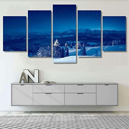 5 Canvas Paintings 5 Pieces Posters Amazing Landscape On A Snowy Winter Night Wall Art Picture Home Decoration Canva Print Painting Printed On Canvas 150×100 Cm For Living Room Hotel Restaur -0N6V+C2O