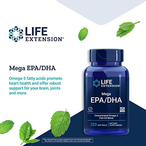 Life Extension Mega Epa/Dha – High Concentrated 2000Mg Omega 3 Fatty Acid Fish Oil Blend Supplements - For Heart, Brain & Joint Health Support – Gluten-Free, Non-Gmo – 120 Softgels #TOP3