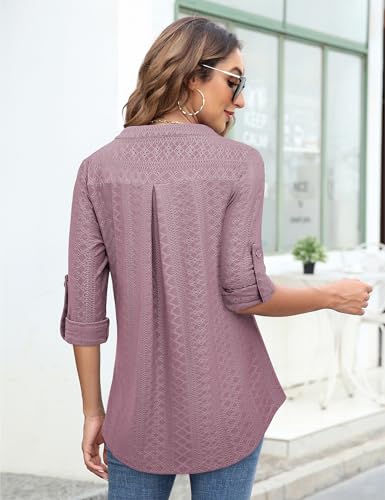 Image of Bulotus 3 /4 Length Sleeve Womens Striped Tops Zipper V Neck Collared Blouses Business Casual Tunics 2026 Spring Trendy