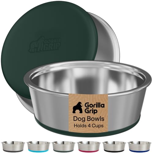 Image of GORILLA GRIP Dog Bowls, Food Grade 304 Stainless Steel, Holds 4 Cups Each (32 fl oz) Food and Water Bowl for Feeding Dogs and Cats, Dishwasher Safe, Rust Resistant, BPA Free Rubber Base Set of 2 Green