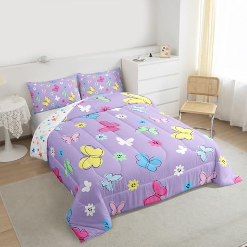 Image of Erosebridal Kids Cute Butterflies Comforter for Kids Boys Girls,Colorful Cartoon Floral Toddler Bedding Set,Kawaii Garden Wildlife Duvet Insert,Cottagecore Quilt Bedroom Decor