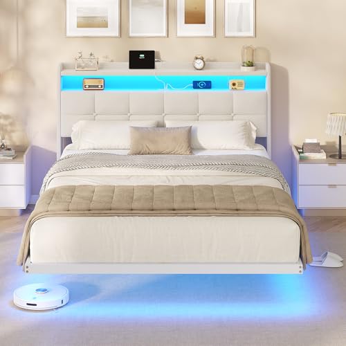 AOGLLATI Polsterbett 140x200 cm, Bett 140 x 200 mit LED-Beleuchtung und Ladestation, Bettgestell mit Kopfteil, Doppelbettgestell Schwebebettrahmen,...