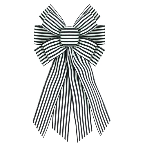 chmacura Black White Burlap Wreath Bow 20 x 11 Inches Birthday Anniversary Stripes Ribbon Bow Easter Farmhouse Bow Tree Ornament for Home Front Door Decorations