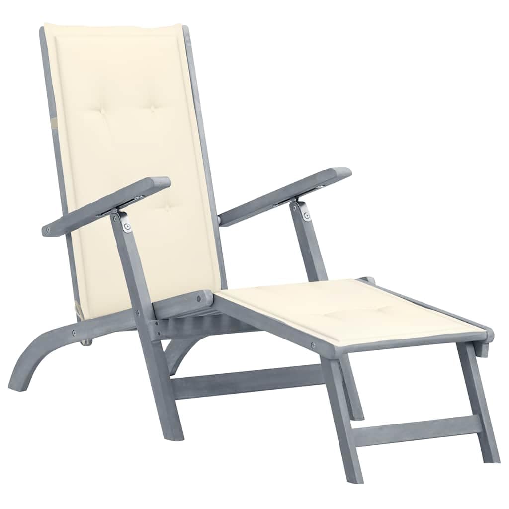 Chaise longue en bois d'acacia massif avec repose-pieds et coussin