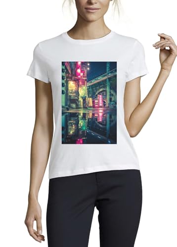 T-Shirt Blanc en Coton pour Femme Tokyo Neon Night Reflections Crew Neck