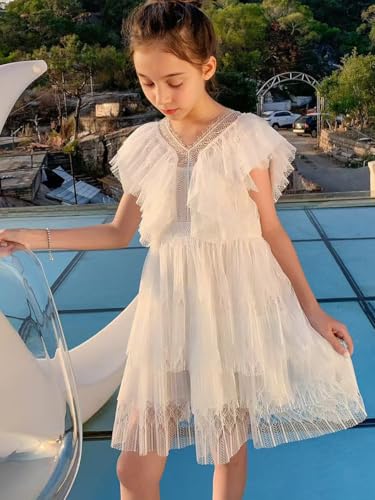 New 3-14Years Girls White Lace Dress Ruffle Sleeve Tiered Soft Lined Party Summer Formal3