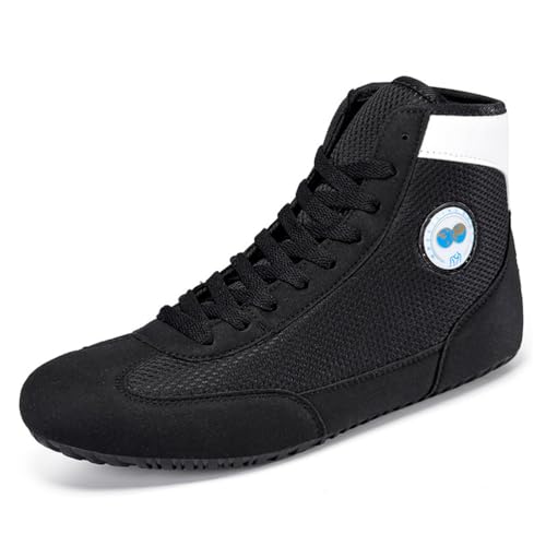 FJJLOVE Zapatillas De Boxeo Y Lucha Unisex, Entrenadores De Boxeo De Malla, Calzado Transpirable para Combate, Ejercicio, Fitness Y Artes Marciales, con Cordones,Negro,44 EU