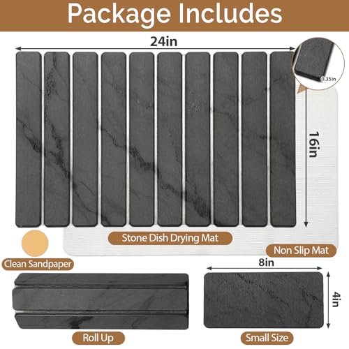 Large Stone Dish Drying Mat for Kitchen Counter, Quick Dry Stone Dishes/Bath Mats,Foldable Water Absorbing Diatomaceous Earth Drying Organizer Pad for Plate Rack Bottles Utensils(Dark Gray 24"×16") - Image 3